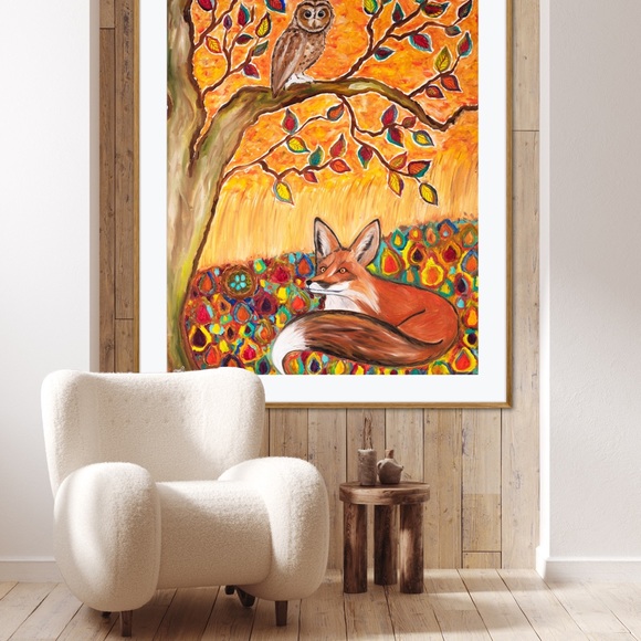 Fox Owl Autumn Ambience Art Print Oil Painting fall leaves tree animal whimsical - Picture 9 of 10